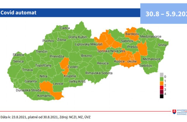 Na Slovensku pribudnú oranžové okresy, od pondelku ich bude už 14 a zvyšných 65 bude mať zelenú farbu