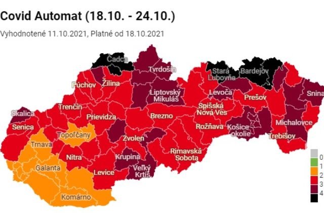 Čierne okresy na Slovensku budú od pondelka realitou, červené aj oranžové ubudli a bordových je 22