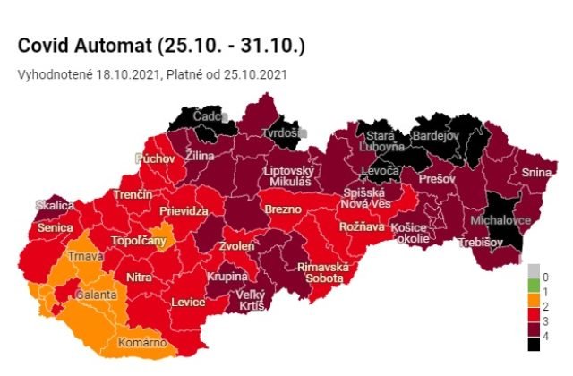 Na Slovensku od pondelka pribudnú čierne aj bordové okresy, ubudlo oranžových a červených je 27