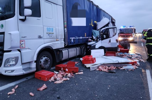Hrozivá nehoda kamiónu a áut na D1, jedno skončilo v návese a na zemi ležalo mäso (video+foto)
