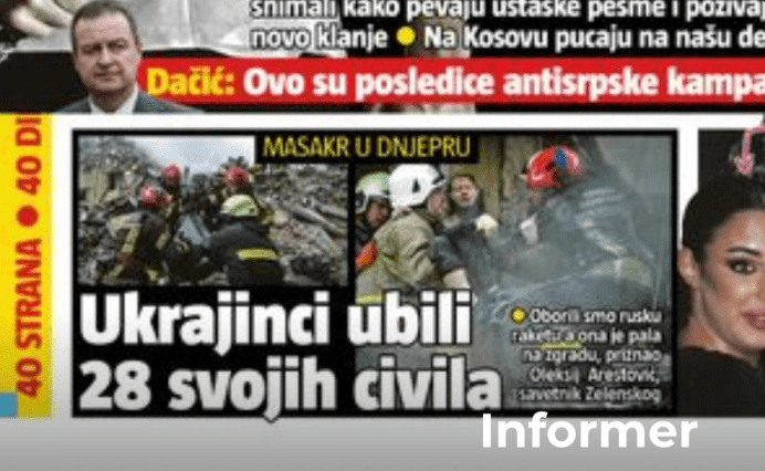 Hanebné. „Ukrajinci zabili svojich vlastných 28 civilistov.“ Takto informujú srbské média kontrolované vládou o správach po smrtiacom ruskom útoku na obytný blok v Dnepri
